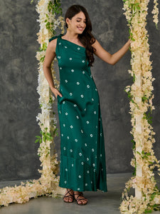 Green Bandhani Modal Satin One- shoulder Dress