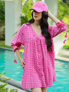 Pink Polka Dabu Print Short Dress