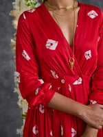 Load image into Gallery viewer, Red Bandhani Modal Satin Maxi Dress
