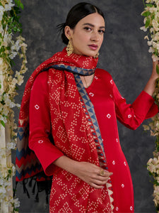 Red Bandhani High Slit Modal Satin Kurta - Pant Set with Dupatta (Set Of 3)