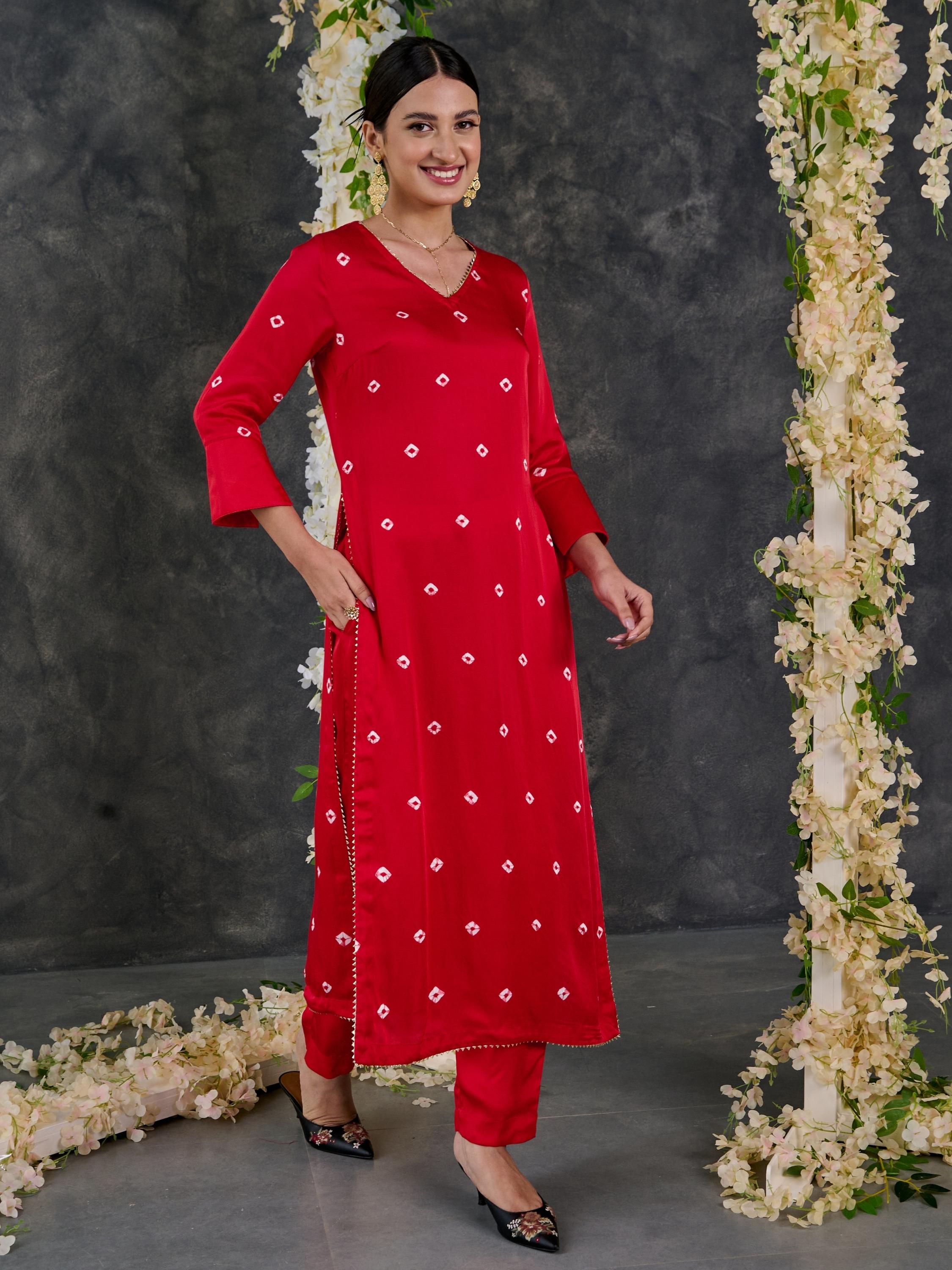 Red Bandhani High Slit Modal Satin Kurta - Pant Set