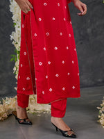 Load image into Gallery viewer, Red Bandhani High Slit Modal Satin Kurta - Pant Set
