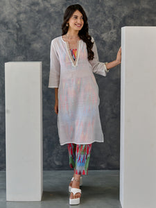 Joy Grey Ikat Print Cotton Kurta Pant Set With Bralette