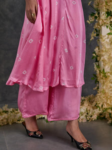 Pink Bandhani A-Line Modal Satin Kurta- Flared Pant Set