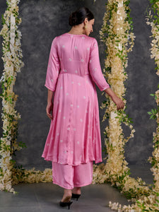 Pink Bandhani A-Line Modal Satin Kurta- Flared Pant Set with Dupatta (Set Of 3)