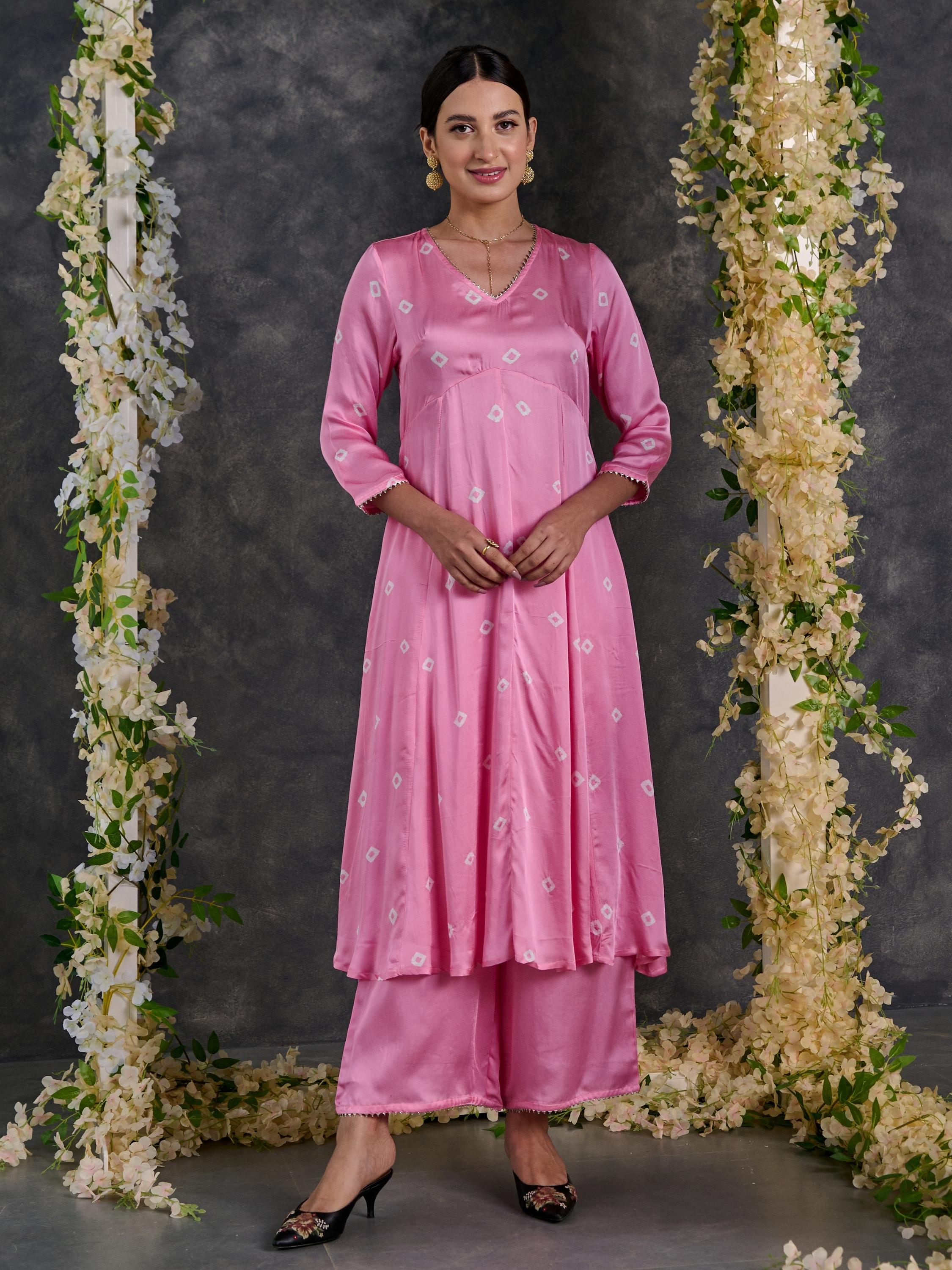 Pink Bandhani A-Line Modal Satin Kurta- Flared Pant Set with Dupatta (Set Of 3)
