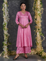 Load image into Gallery viewer, Pink Bandhani A-Line Modal Satin Kurta- Flared Pant Set with Dupatta (Set Of 3)
