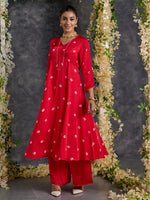 Load image into Gallery viewer, Red Bandhani A-Line Modal Satin Kurta- Flared Pant Set
