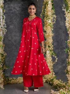 Red Bandhani A-Line Modal Satin Kurta- Flared Pant Set