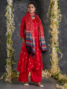 Red Bandhani A-Line Modal Satin Kurta- Flared Pant Set with Dupatta (Set Of 3)