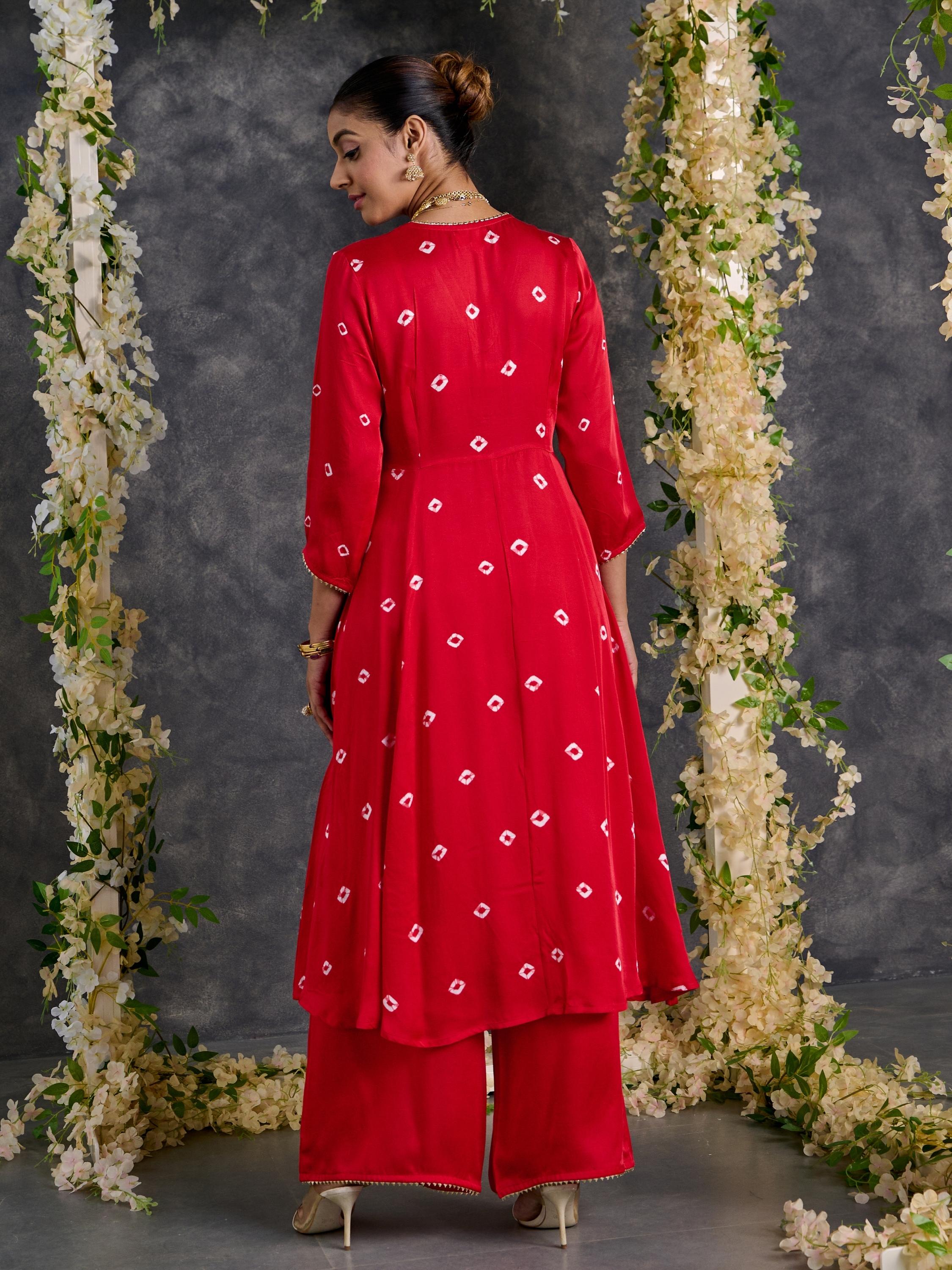 Red Bandhani A-Line Modal Satin Kurta- Flared Pant Set