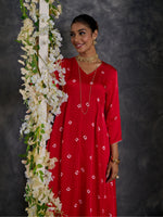 Load image into Gallery viewer, Red Bandhani A-Line Modal Satin Kurta- Flared Pant Set
