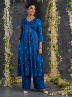 Load image into Gallery viewer, Indigo Bandhani A-Line Modal Satin Kurta- Flared Pant Set
