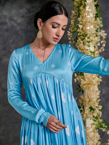 Blue Bandhani Anarkali Modal Satin Kurta- Flared Pant Set with Dupatta (Set Of 3)