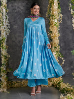 Load image into Gallery viewer, Blue Bandhani Anarkali Modal Satin Kurta- Flared Pant Set with Dupatta (Set Of 3)
