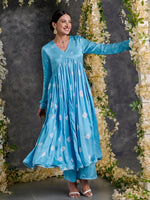 Load image into Gallery viewer, Blue Bandhani Anarkali Modal Satin Kurta- Flared Pant Set with Dupatta (Set Of 3)
