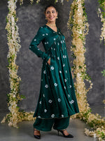 Load image into Gallery viewer, Green Bandhani Anarkali Modal Satin Kurta- Flared Pant Set with Dupatta (Set Of 3)
