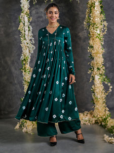 Green Bandhani Anarkali Modal Satin Kurta- Flared Pant Set with Dupatta (Set Of 3)