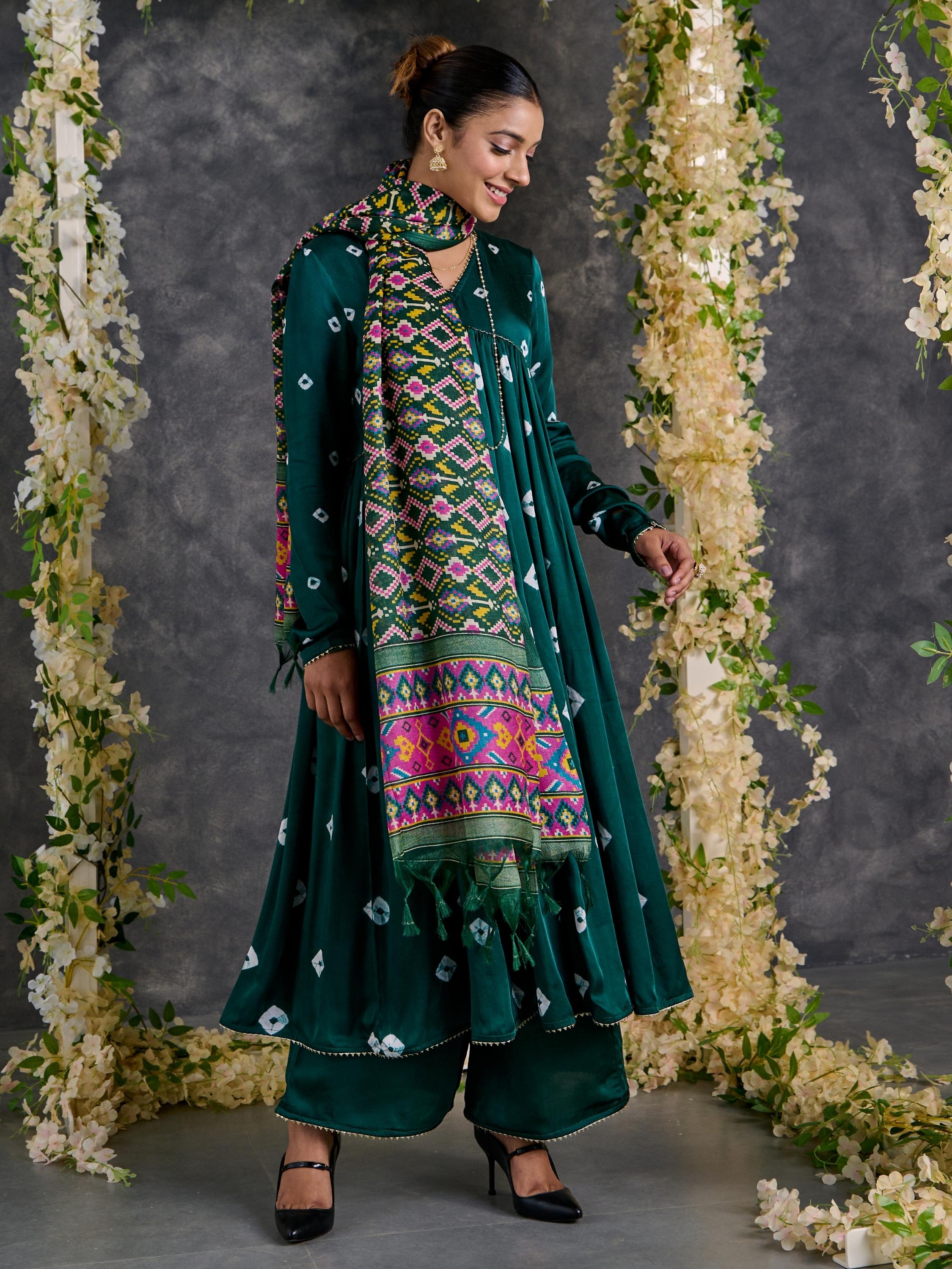 Green Bandhani Anarkali Modal Satin Kurta- Flared Pant Set with Dupatta (Set Of 3)