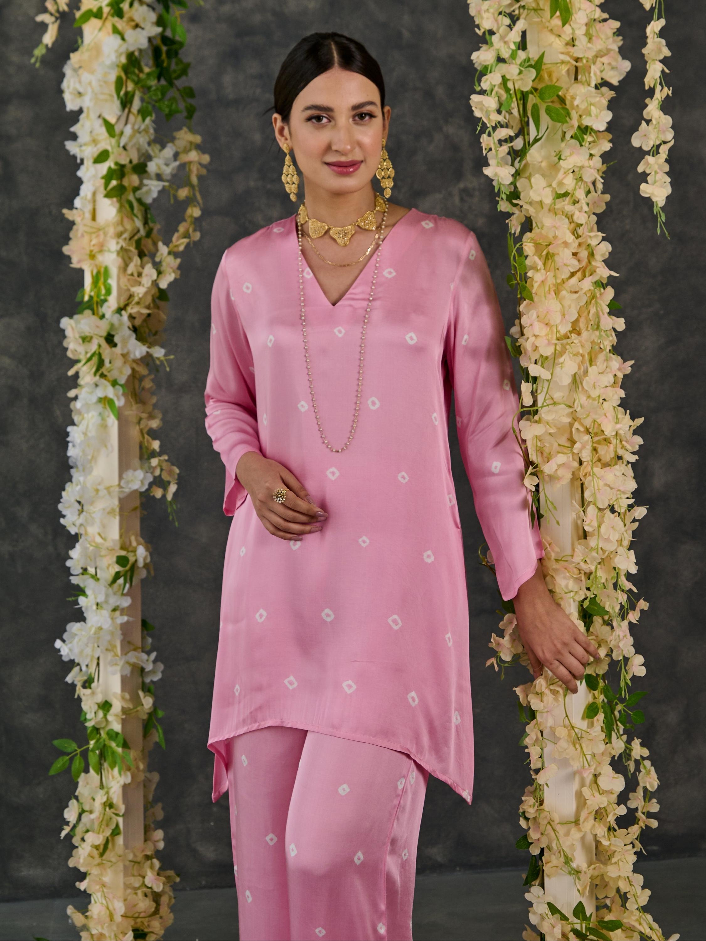 Pink Bandhani Modal Satin Short Kurta-Pant (Set Of 2)