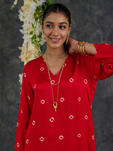Red Bandhani Modal Satin Short Kurta-Pant (Set Of 2)