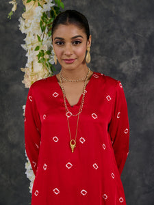 Red Bandhani Modal Satin Short Kurta-Pant (Set Of 2)