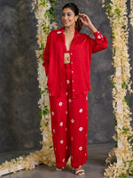 Load image into Gallery viewer, Red Bandhani Modal Satin Co-Ord Set
