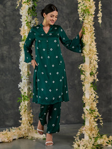 Green Bandhani Modal Satin Kurta-Pant (Set Of 2)