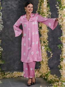 Pink Bandhani Modal Satin Kurta-Pant (Set Of 2)
