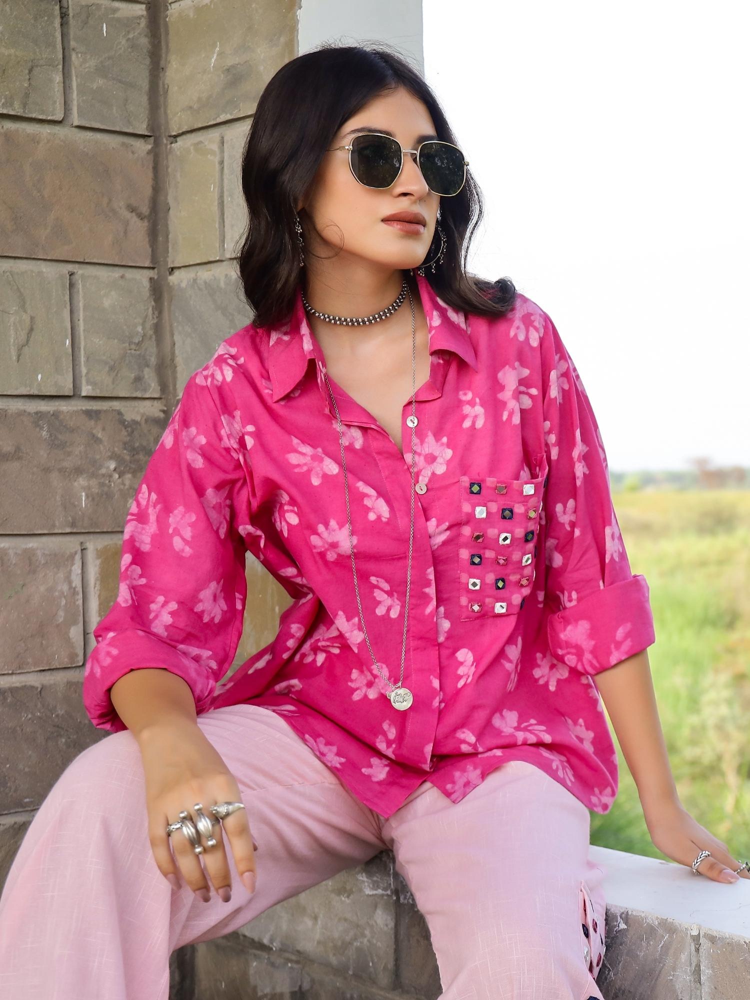 Pink Floral Dabu Printed Loose Fit Shirt & Cargo Pant