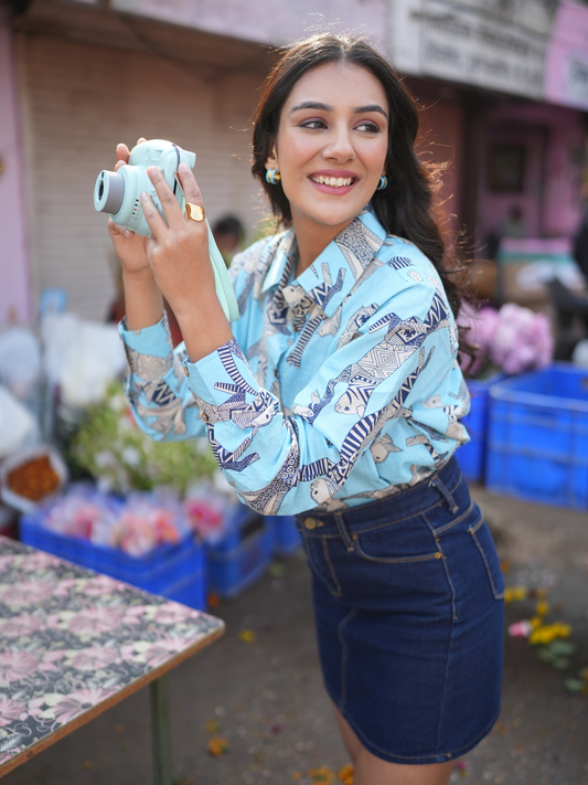 Meow Blue Cotton Shirt