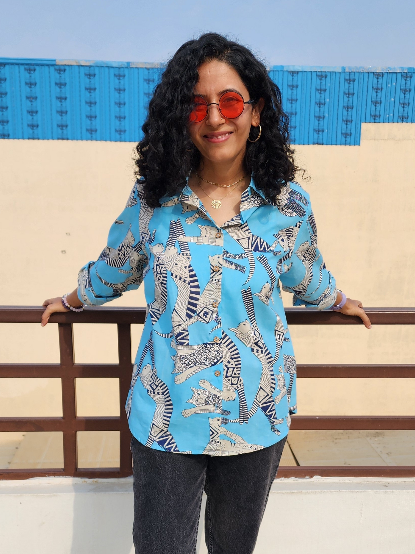 Meow Blue Cotton Shirt