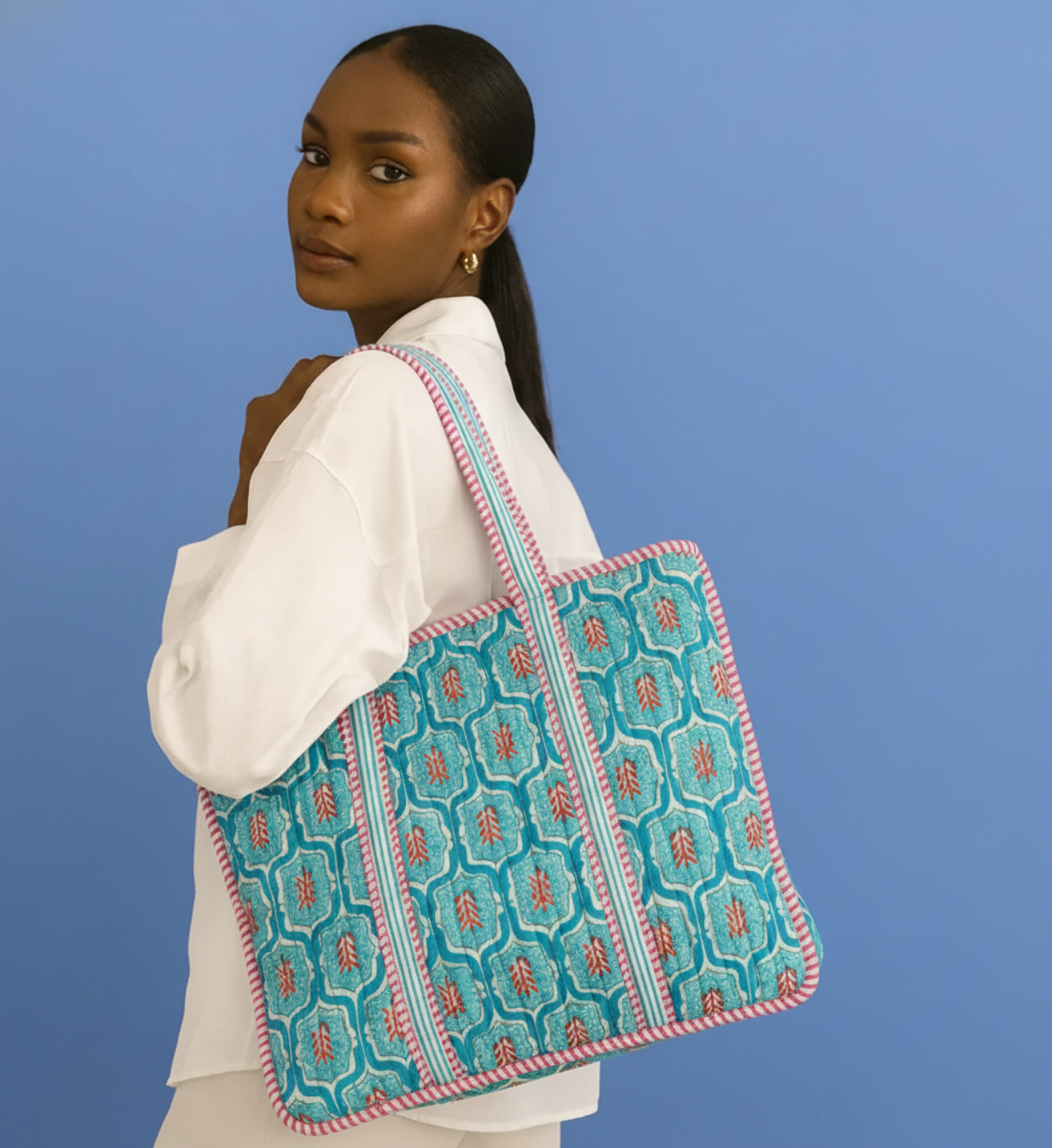 Blue Flower Motif Tote Bag