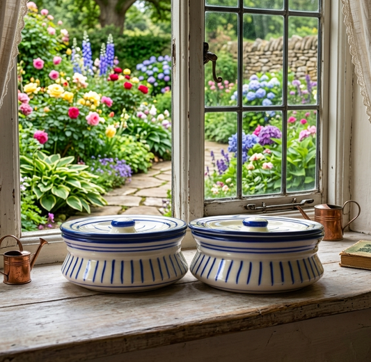 Two ceramic pots with blue stripes on a windowsill with a garden view.