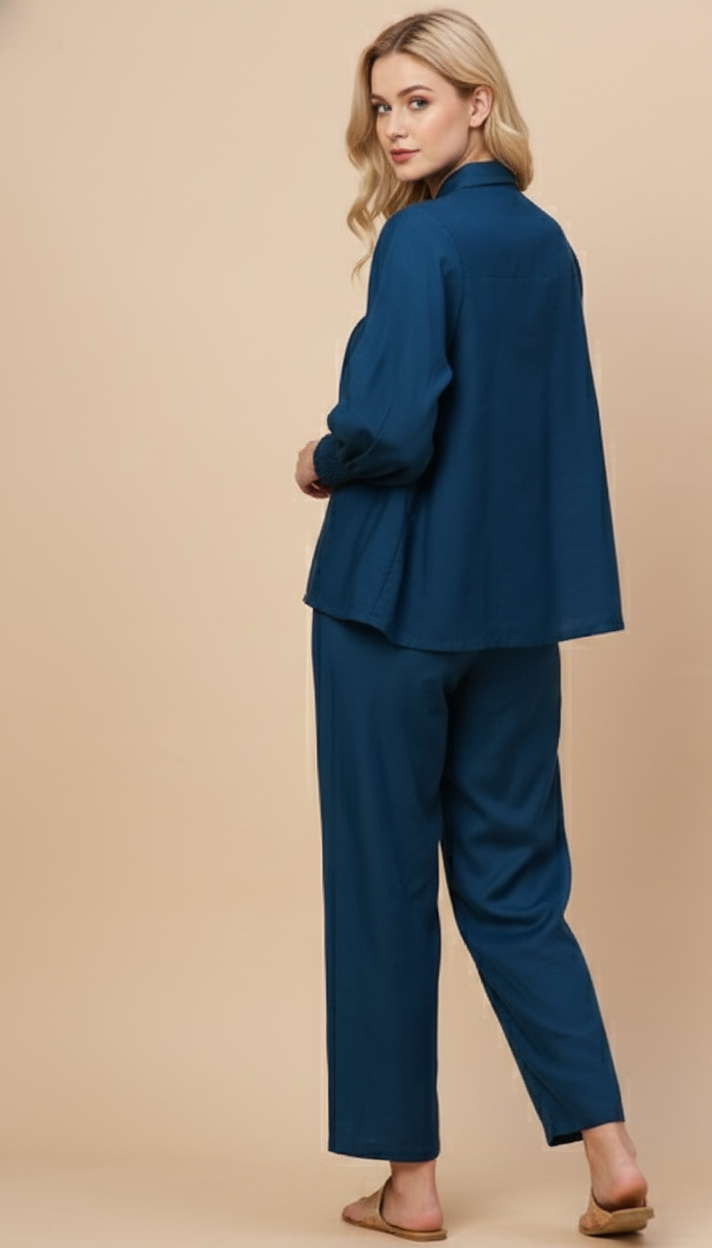 Teal Smocked Yoke A-Line Shirt & Trousers Fusion Co-Ords
