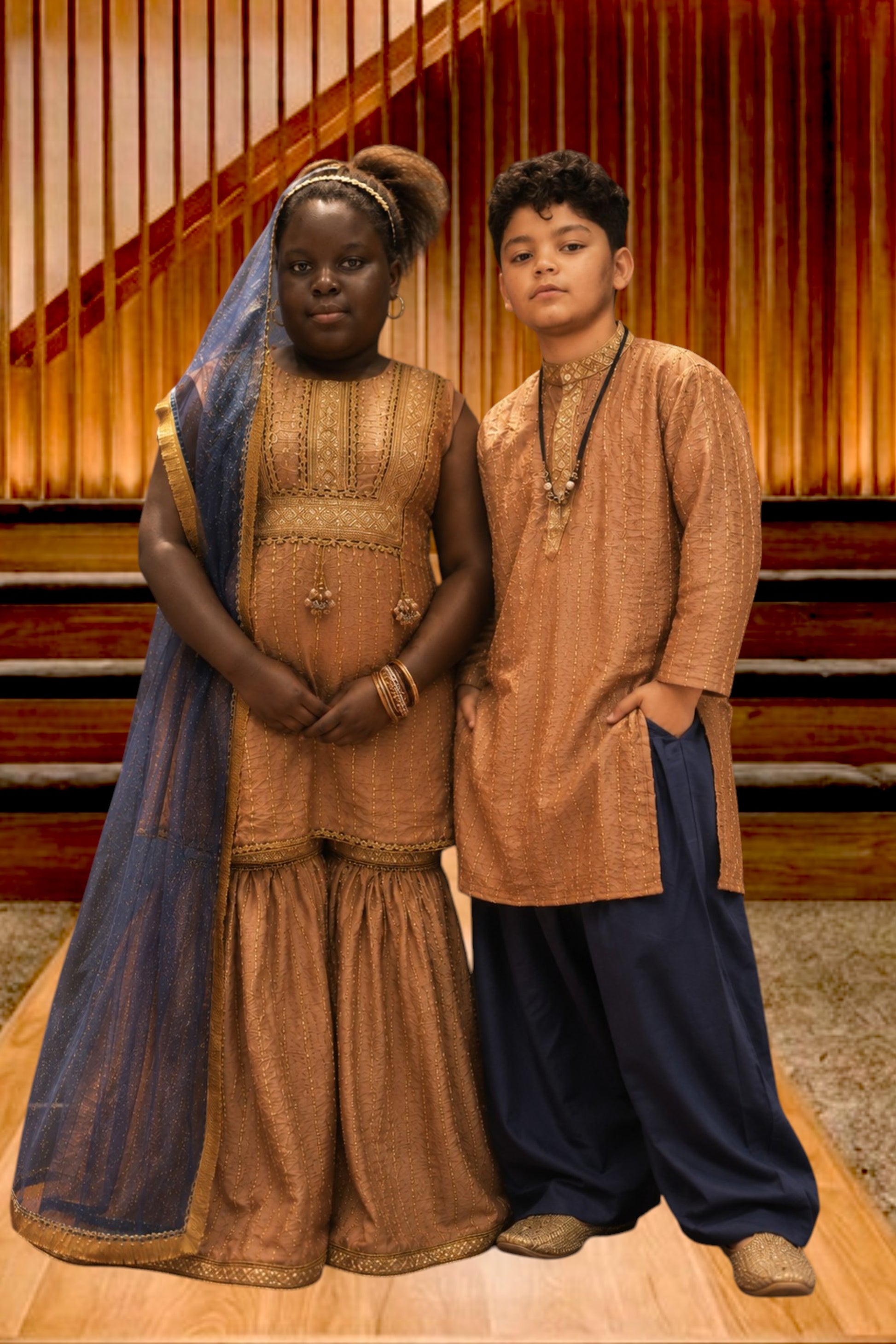 A young boy and girl modeling traditional South Asian attire. The girl wears a bronze-brown embroidered kurta and flared pants with a deep blue dupatta, while the boy wears a matching bronze-brown kurta with dark navy pants.