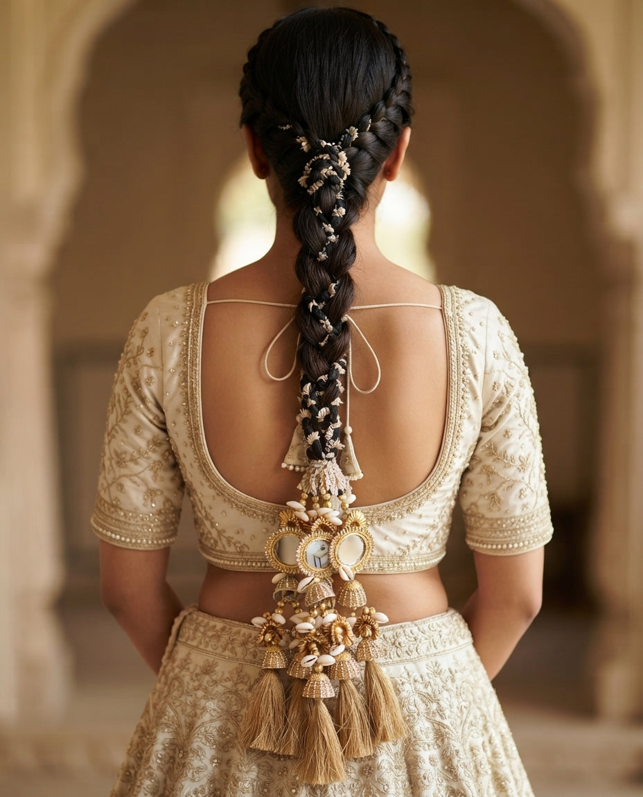 A woman viewed from behind wearing an ornate cream embroidered traditional outfit with a long braided hairpiece adorned with beads, tassels, and decorative elements hanging down the back.