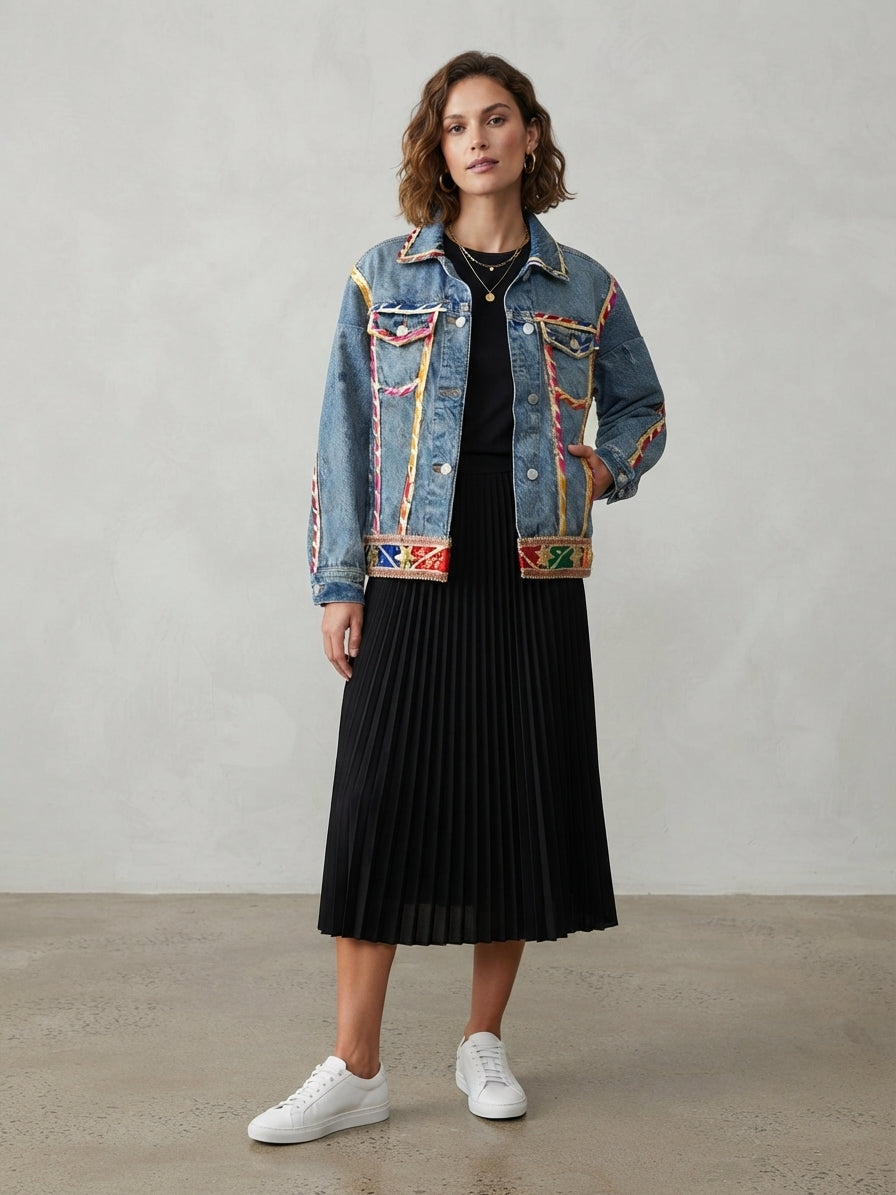 A woman stands in a studio wearing a light blue denim jacket with colorful embroidered details, a black pleated midi skirt, a black top, layered necklaces, and white sneakers.