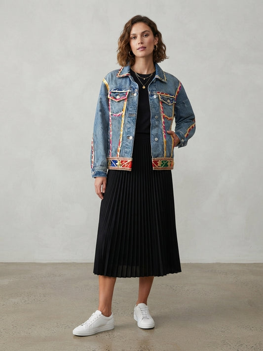 A woman stands in a studio wearing a light blue denim jacket with colorful embroidered details, a black pleated midi skirt, a black top, layered necklaces, and white sneakers.