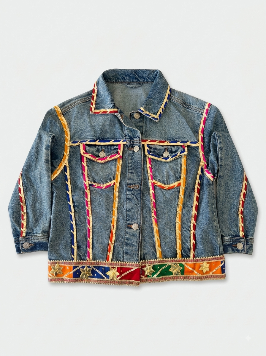 A blue denim jacket featuring vibrant multicolor embroidered and braided trim details along the collar, front pockets, cuffs, and hem, displayed flat against a light gray background.