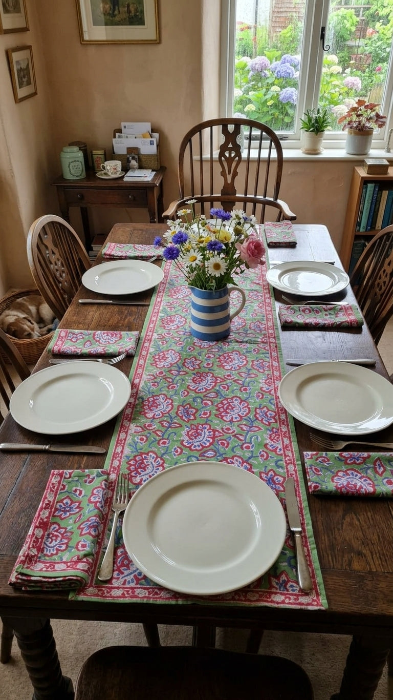 Floral table runners from Jaipur along with hand napkins. Good for housewarming gift. 