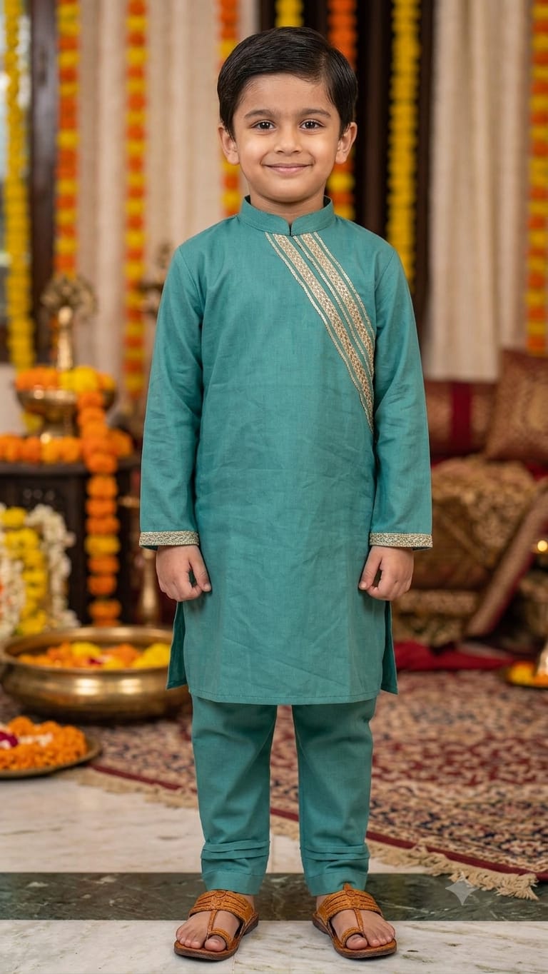 A young boy wearing a teal green kurta and matching trousers with gold embroidery, standing in a decorated indoor setting with marigold garlands and traditional decor.
