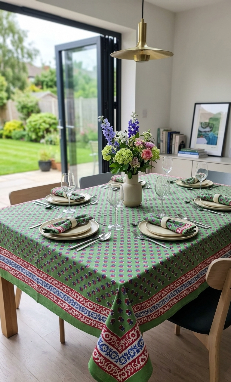 Dining table set with a green patterned tablecloth, plates, and cutlery in a bright room.