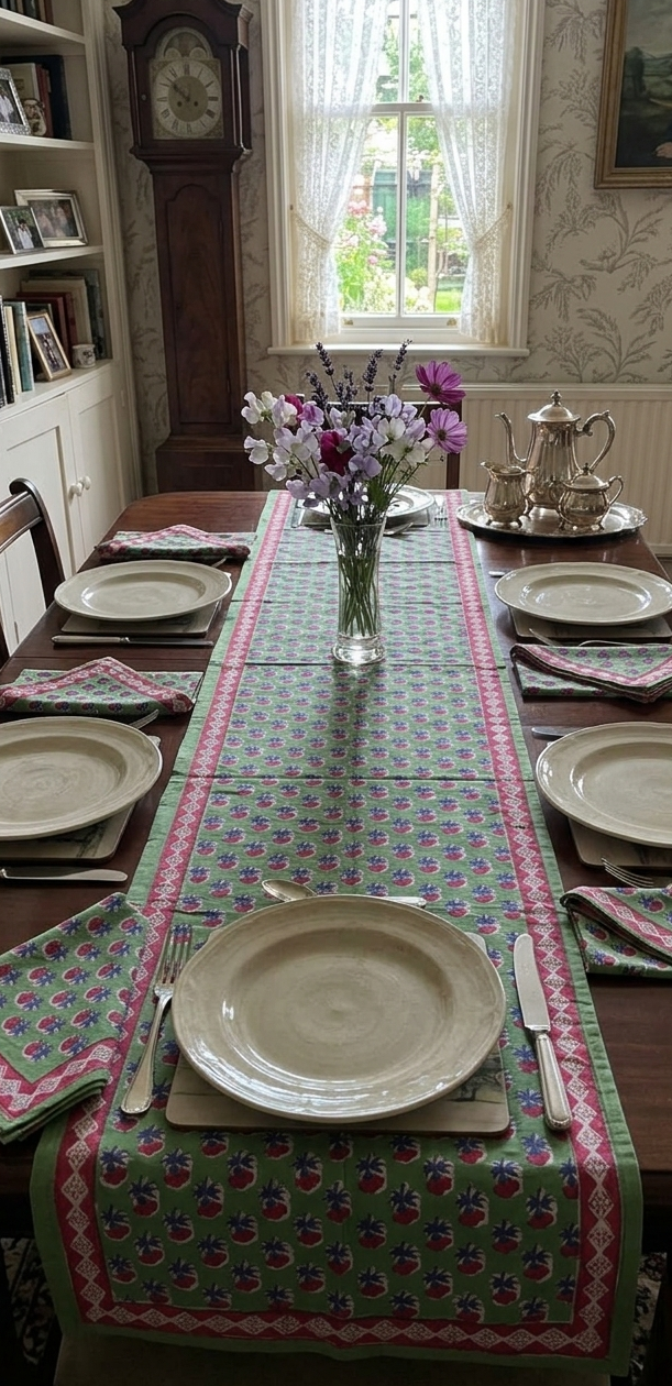 Green floral motif table runner set with 6 napkins. Made with handblock print in Jaipur.