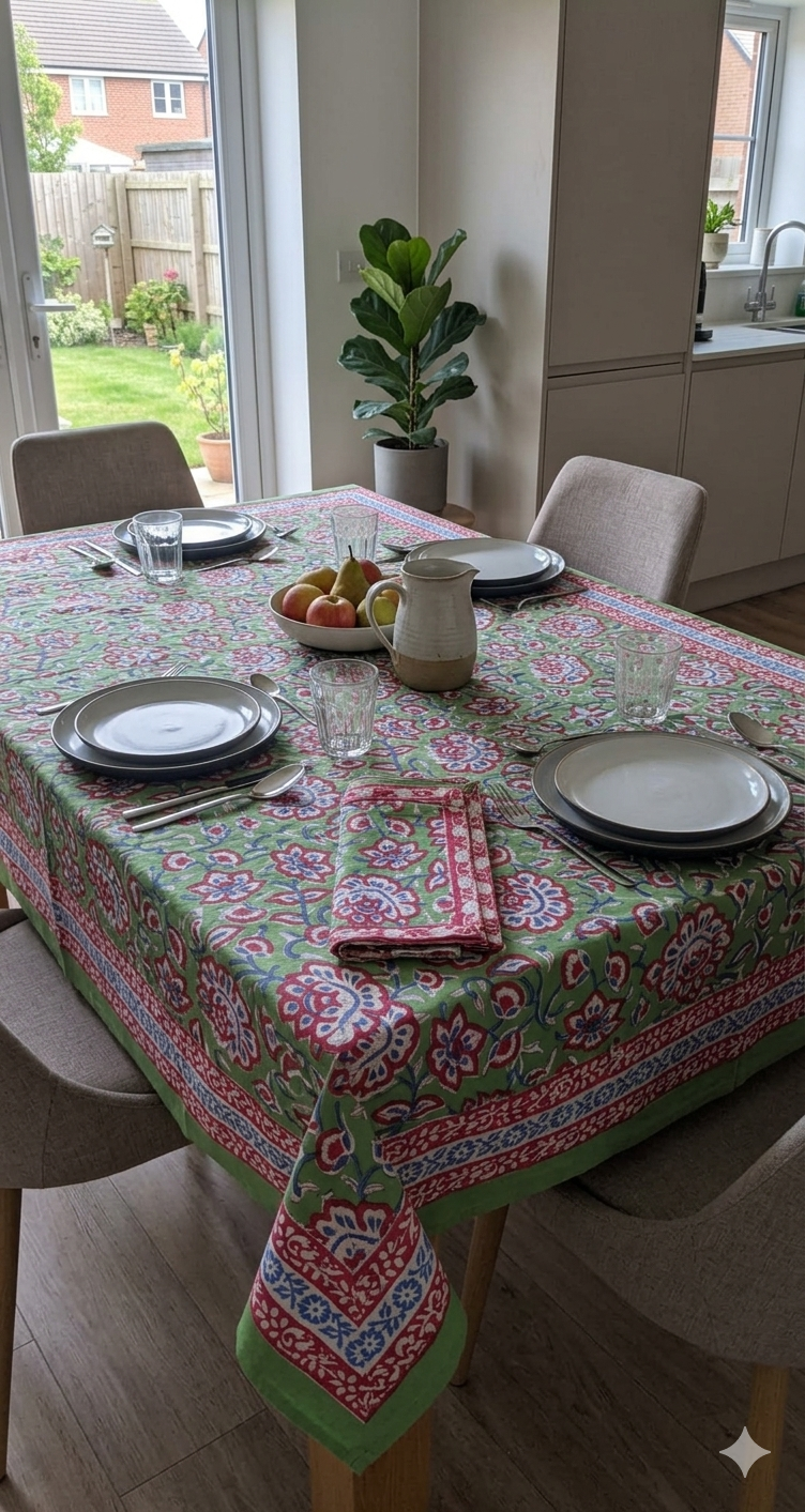 Green floral table runner from Jaipur. Hand made with block prints in bright colours. 