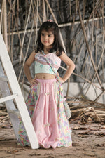 Load image into Gallery viewer, Pink and tropical print lehengas, strappy blouse, potli bag set
