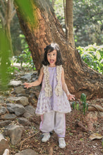 Load image into Gallery viewer, Off-white, pink, lavender animal print A-line kurta with frills &amp; salwar set
