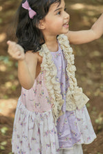 Load image into Gallery viewer, Off-white, pink, lavender animal print A-line kurta with frills &amp; salwar set
