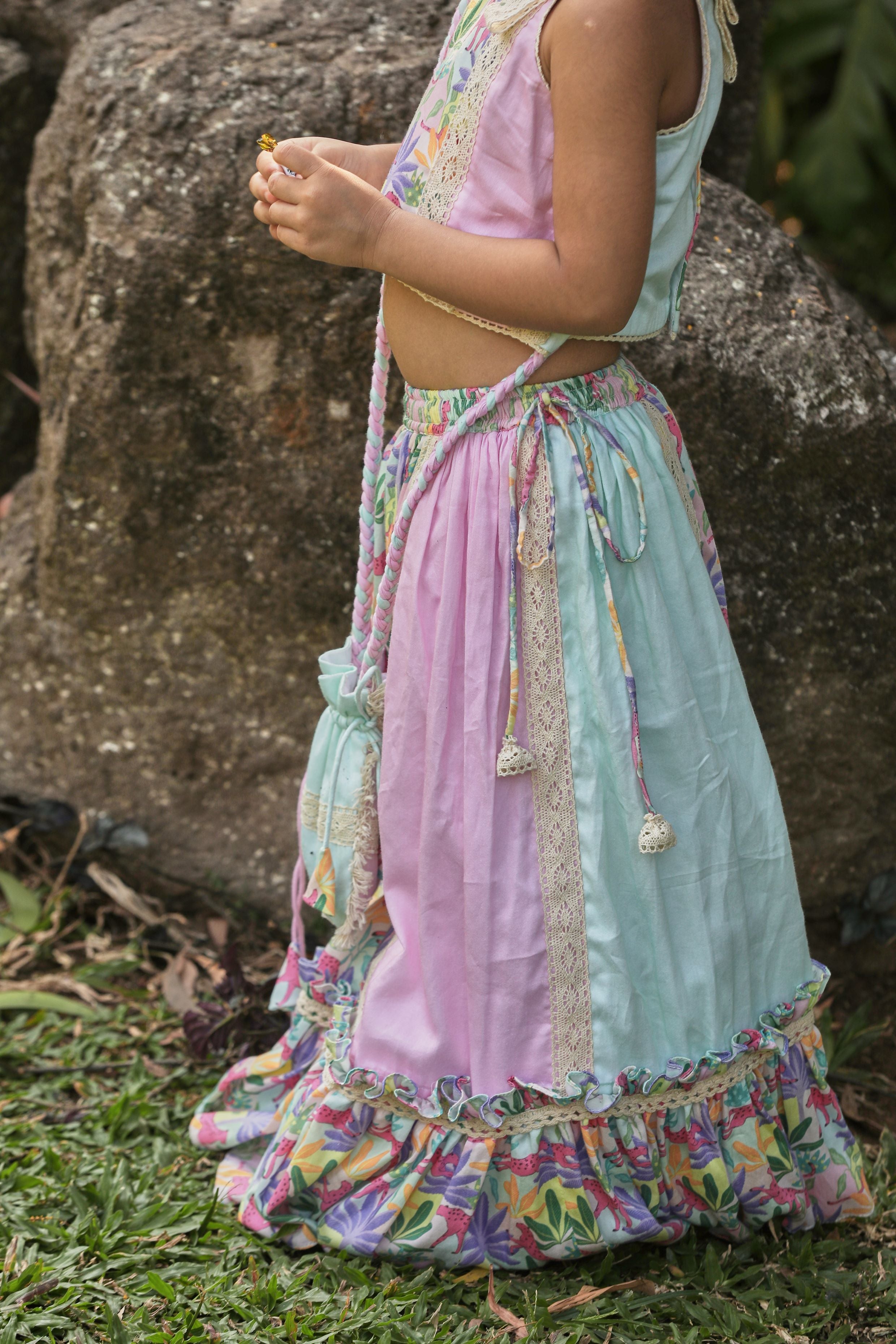 Tropical print lehenga with frills, blouse, Potli bag set