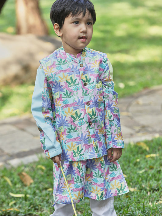 Tropical print Bandi, kurta set with off-white pants